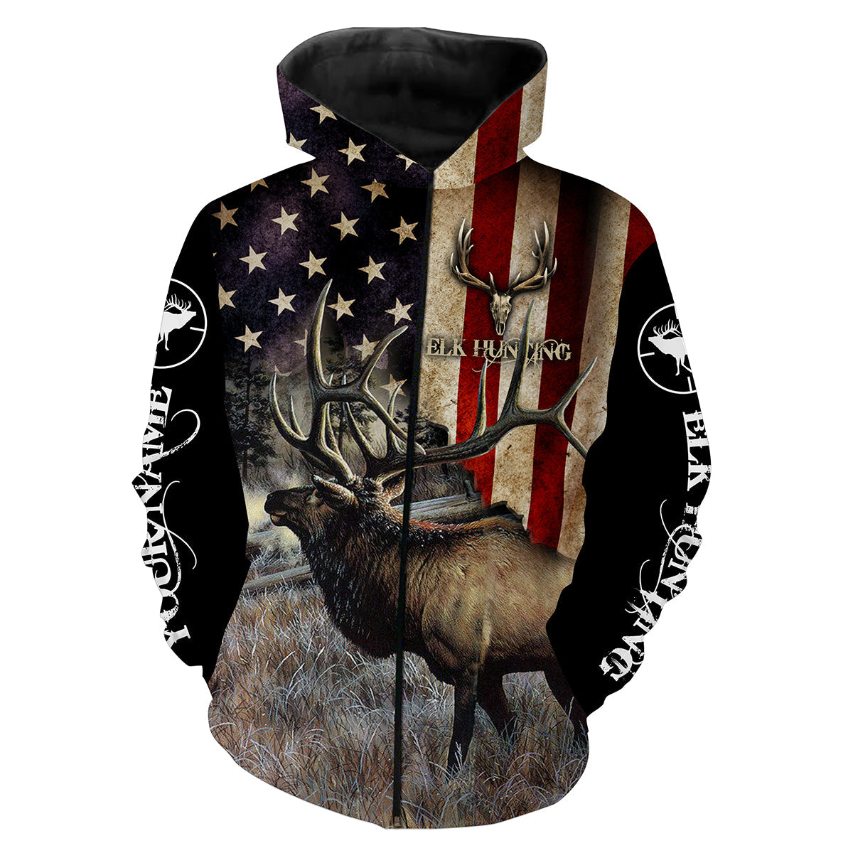 Elk Hunting American Flag Custom Name Full Printing Shirts Zip up hoodie