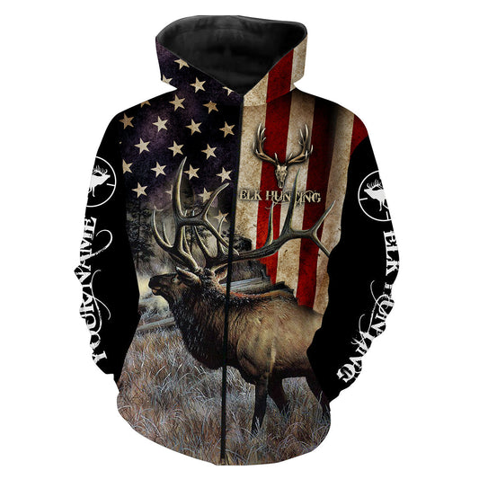 Elk Hunting American Flag Custom Name Full Printing Shirts Zip up hoodie