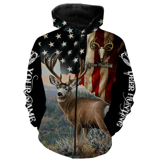 Mule Deer hunting American flag Custom name All over print shirts Personalized hunting gifts FSD1 Zip up hoodie