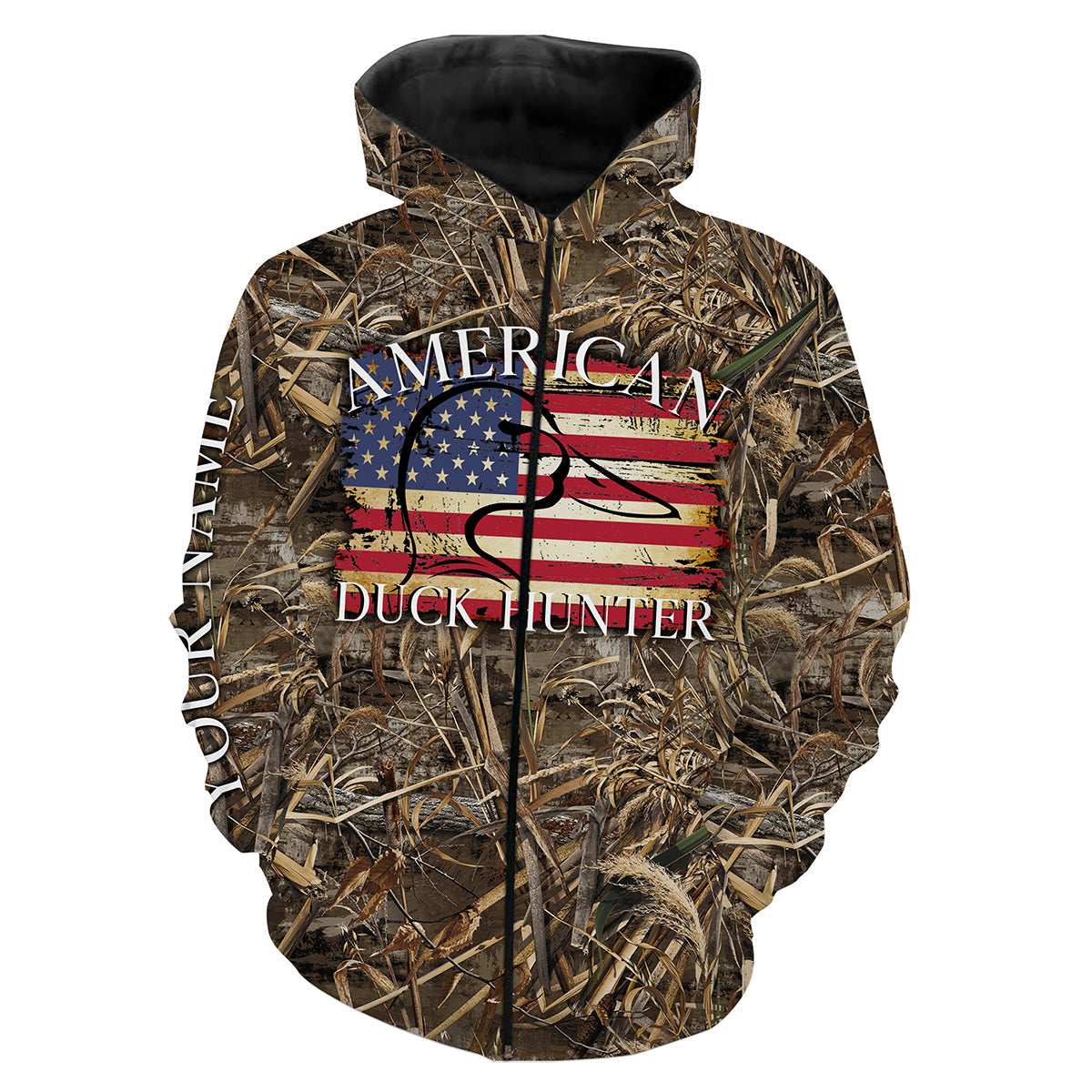 American Duck Hunter Waterfowl Camo Custom Name 3D All Over Printing Shirts Zip Up Hoodie Zip Up Hoodie