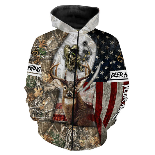 Whitetail Deer Bow Hunting American Flag 4th of July 3D All over printed Shirts Personalized Patriotic Hunting gift FSD2099 Zip up hoodie