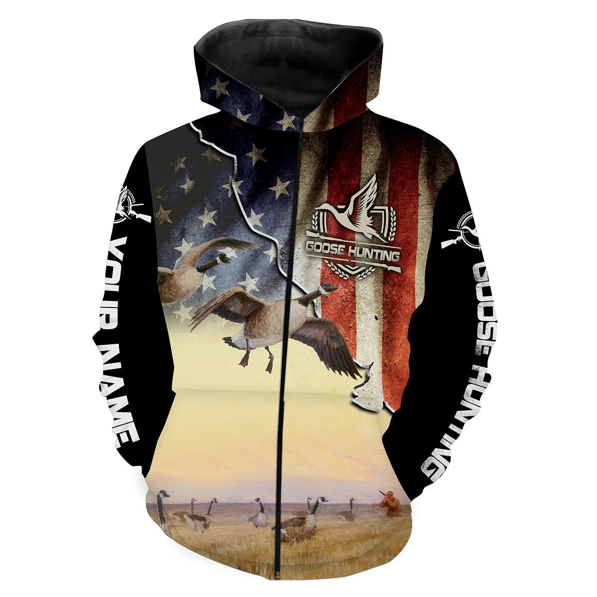 Goose hunting American flag Custom Name 3D All over print shirts - hunting gift for Men Zip up hoodie