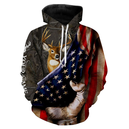 White tailed Deer Hunting American flag All over print shirts, Patriotic 4th of July hunting Gift FSD3079 Hoodie