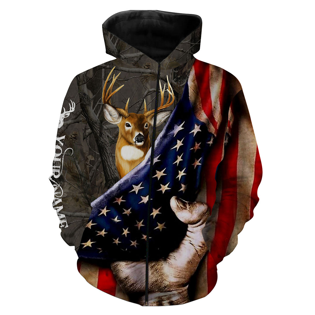 White tailed Deer Hunting American flag All over print shirts, Patriotic 4th of July hunting Gift FSD3079 Zip up hoodie