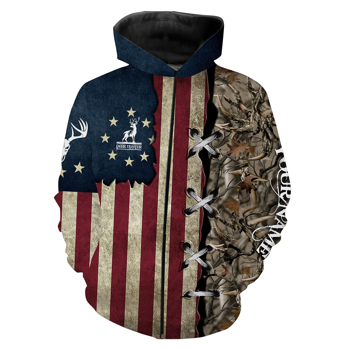 Deer Hunting Camo American Flag Custom Name 3D All Over Printed Shirts - Personalized Patriotic Gifts For Hunters Adult and Kid FSD2011