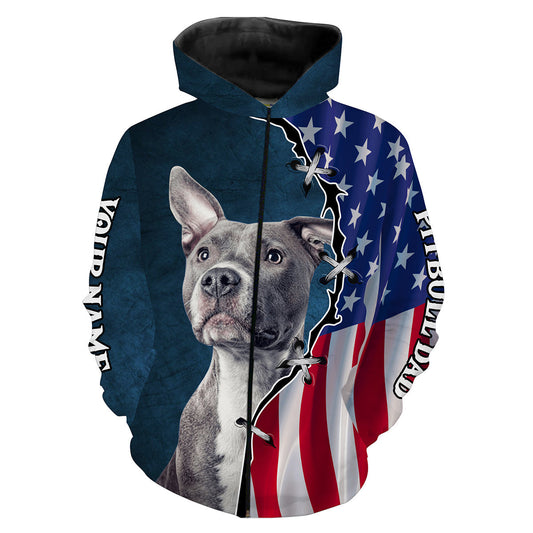 Love Pitbull American flag Pitbull dad custom name 3D All over printed Shirts - Gift for Dog Dad Pitbull lovers FSD2171