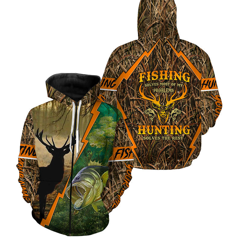 "Fishing Solves Most Of My Problems Hunting Solves The Rest" Bass Fishing and Deer Hunting 3D shirt FSD3132