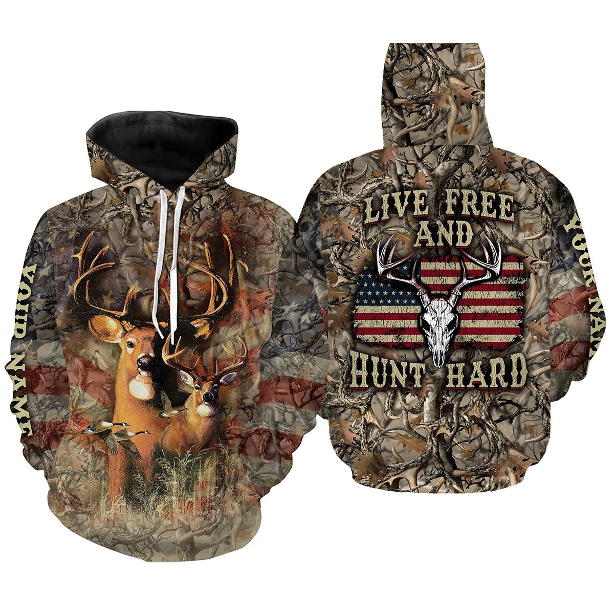 "Live Free and Hunt Hard" American Flag Custom Name 3D All over print Shirts - Personalized hunting gift - FSD174 Hoodie