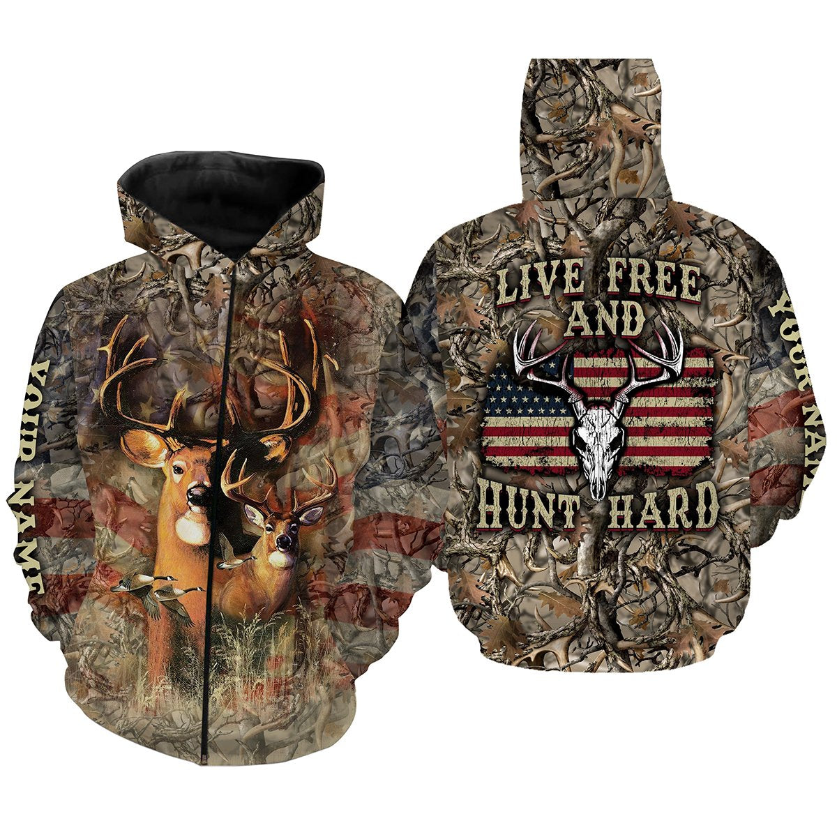 "Live Free and Hunt Hard" American Flag Custom Name 3D All over print Shirts - Personalized hunting gift - FSD174 Zip up hoodie