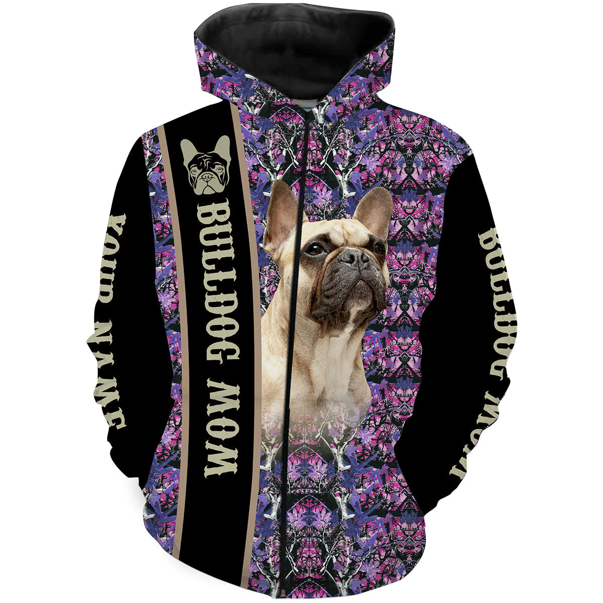 Womens Bulldog Mom Pink and Purple Camo Custom Name 3D All over Printed Shirts Personalized Dog Mom Gifts FSD2434 Zip up hoodie