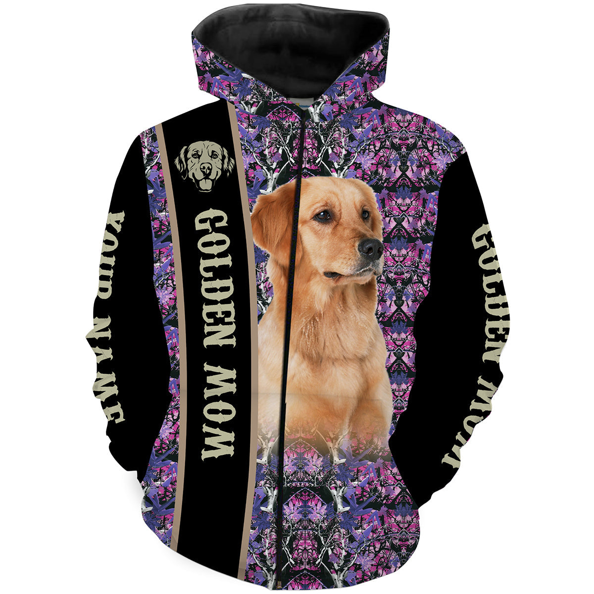 Womens Golden Mom Pink and Purple Camo Custom Name 3D Shirts Golden Retriever Dog Lovers, Dog Mom Gifts FSD2435 Zip up hoodie