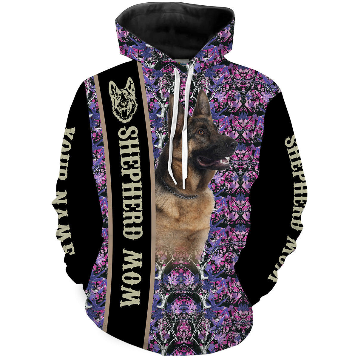 Womens Shepherd Mom Pink and Purple Camo Custom Name 3D Shirts German Shepherd Dog Lovers, Dog Mom Gifts FSD2436 Hoodie