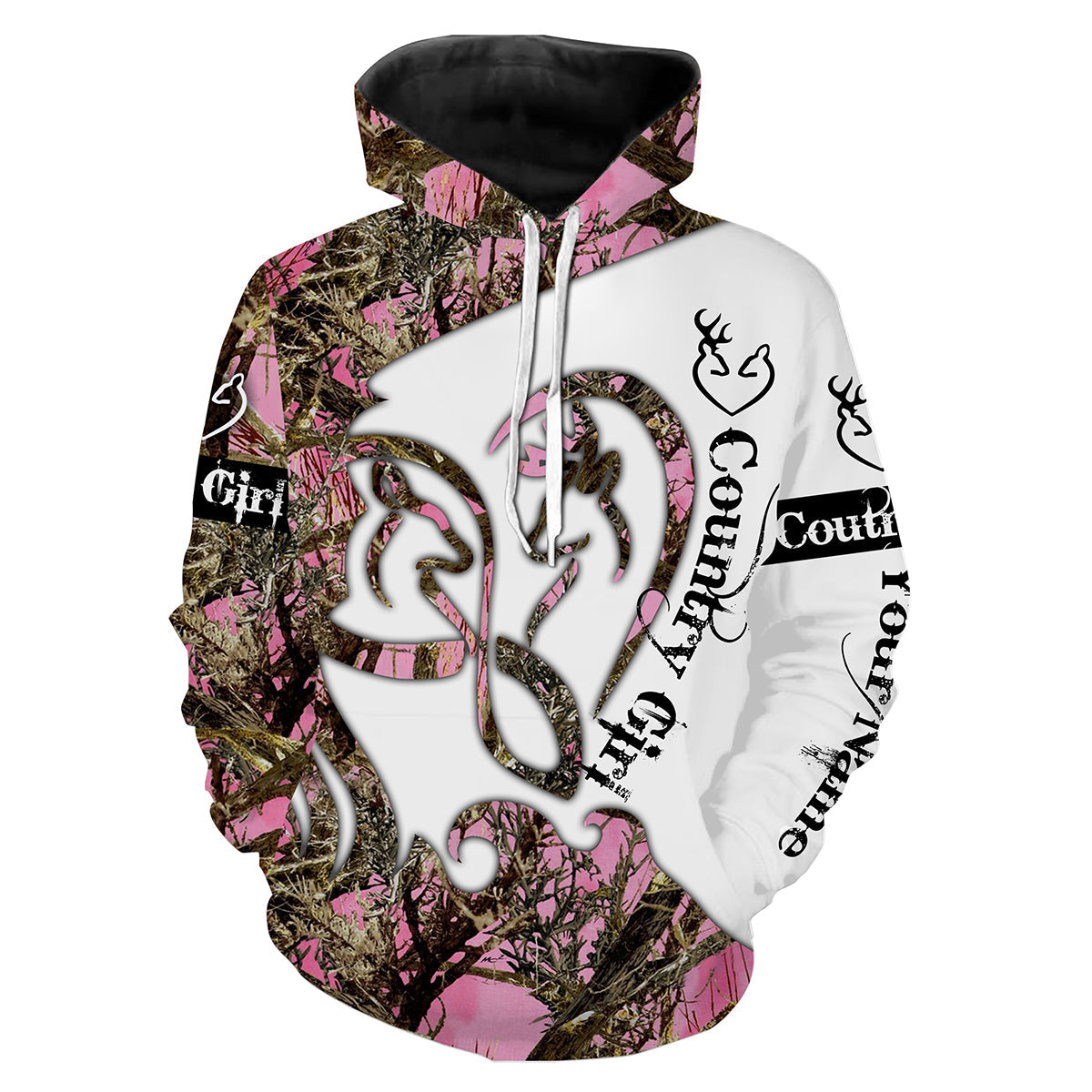 Pink Buck and Doe Infinity Love Heart Country girl Deer hunting muddy camo custom Name 3D print Hoodie