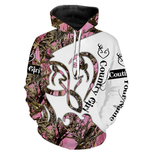 Pink Buck and Doe Infinity Love Heart Country girl Deer hunting muddy camo custom Name 3D print Hoodie