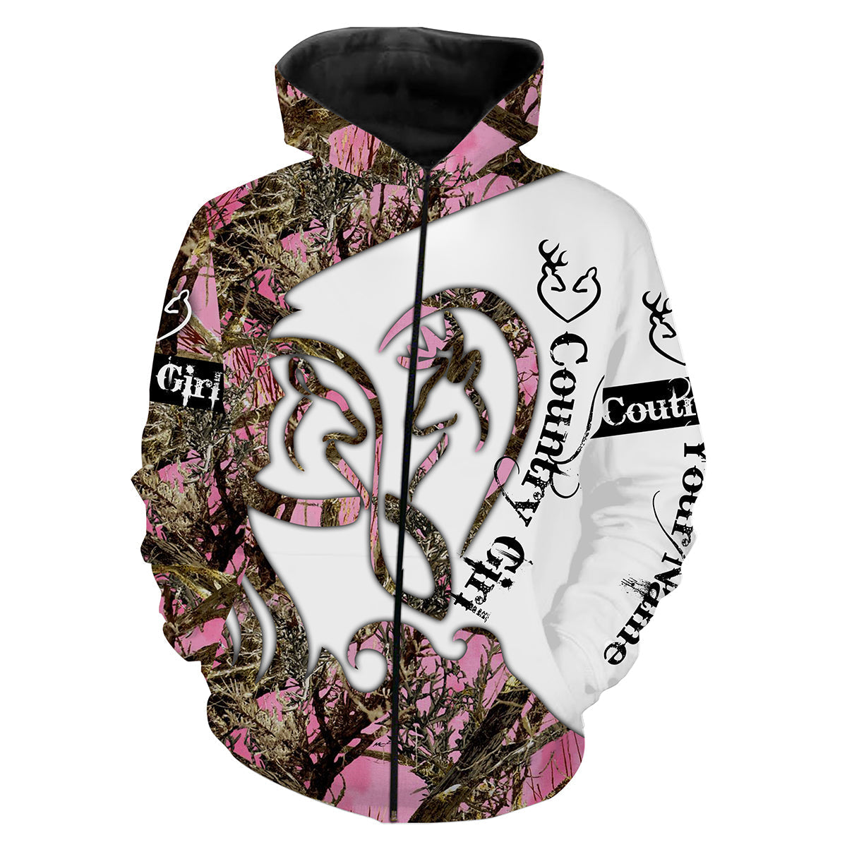 Pink Buck and Doe Infinity Love Heart Country girl Deer hunting muddy camo custom Name 3D print Hoodie