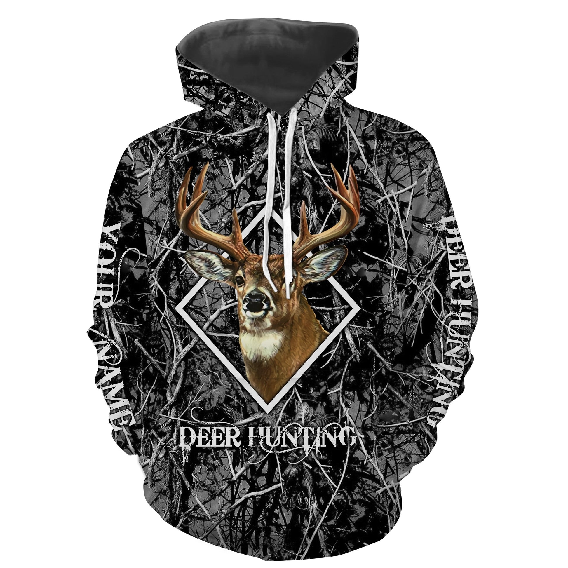 Whitetail Deer Hunting Black Camouflage Camo Custom Name All Over Print Shirt Hoodie Hoodie