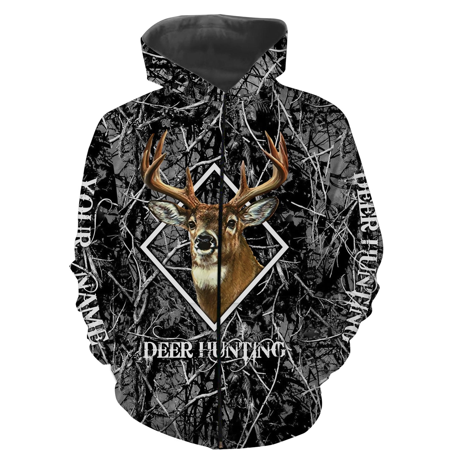 Whitetail Deer Hunting Black Camouflage Camo Custom Name All Over Print Shirt Zip Up Hoodie Zip Up Hoodie