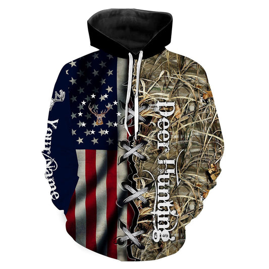 Deer Hunting American Flag Camo Custom Name All Over Print T Hoodie Hoodie