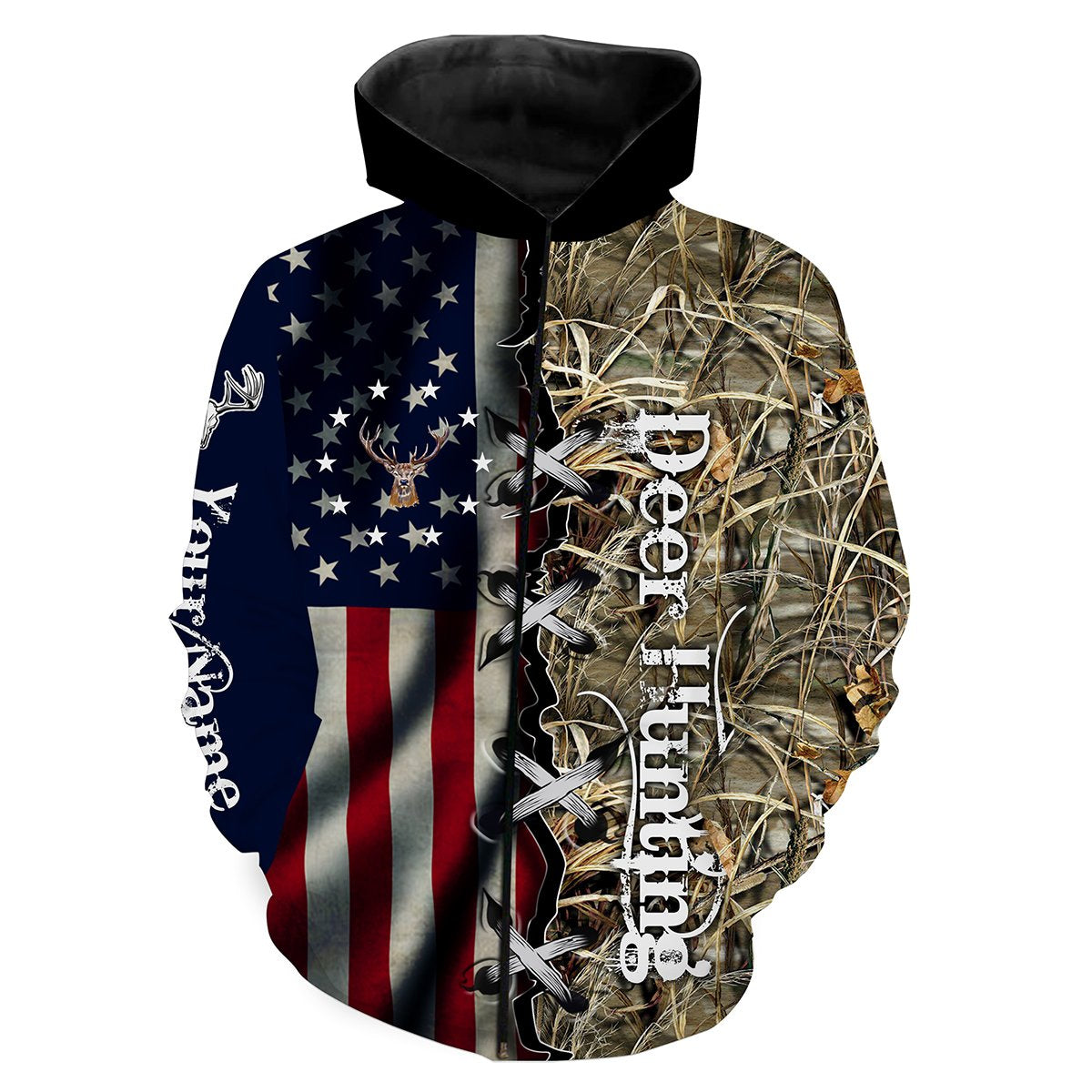 Deer Hunting American Flag Camo Custom Name All Over Print T Zip Up Hoodie Zip Up Hoodie