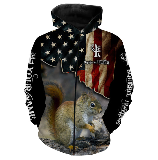 Squirrel hunting US flag custom Name 3D All over print Shirt Hunting gift for Men Zip up hoodie