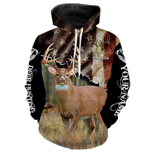 White-tailed Deer American Flag Custom name All over print shirts - personalized hunting gift for men Hoodie