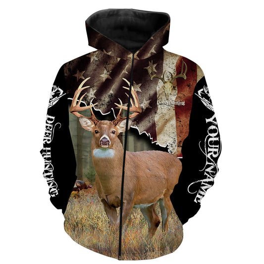 White-tailed Deer American Flag Custom name All over print shirts - personalized hunting gift for men Zip up hoodie