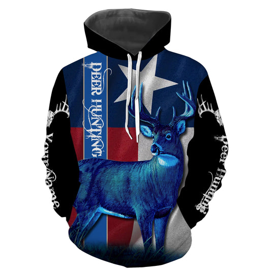 Texas Deer Hunting Tx Flag Whitetail Deer In Blue Full Printing Shirts Hoodie Hoodie