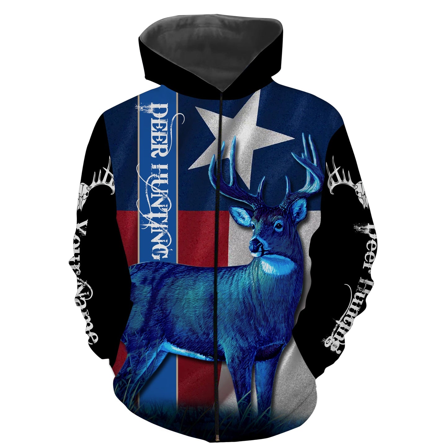 Texas Deer Hunting Tx Flag Whitetail Deer In Blue Full Printing Shirts Zip Up Hoodie Zip Up Hoodie