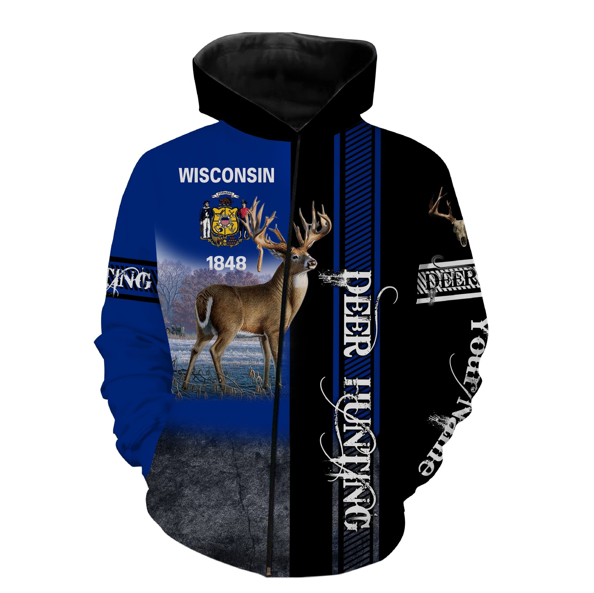 Wisconsin Deer Hunting Wi Flag Customize Name 3D All Over Printed Shirts, Personalized Hunting Gifts FSD3423 Zip up hoodie