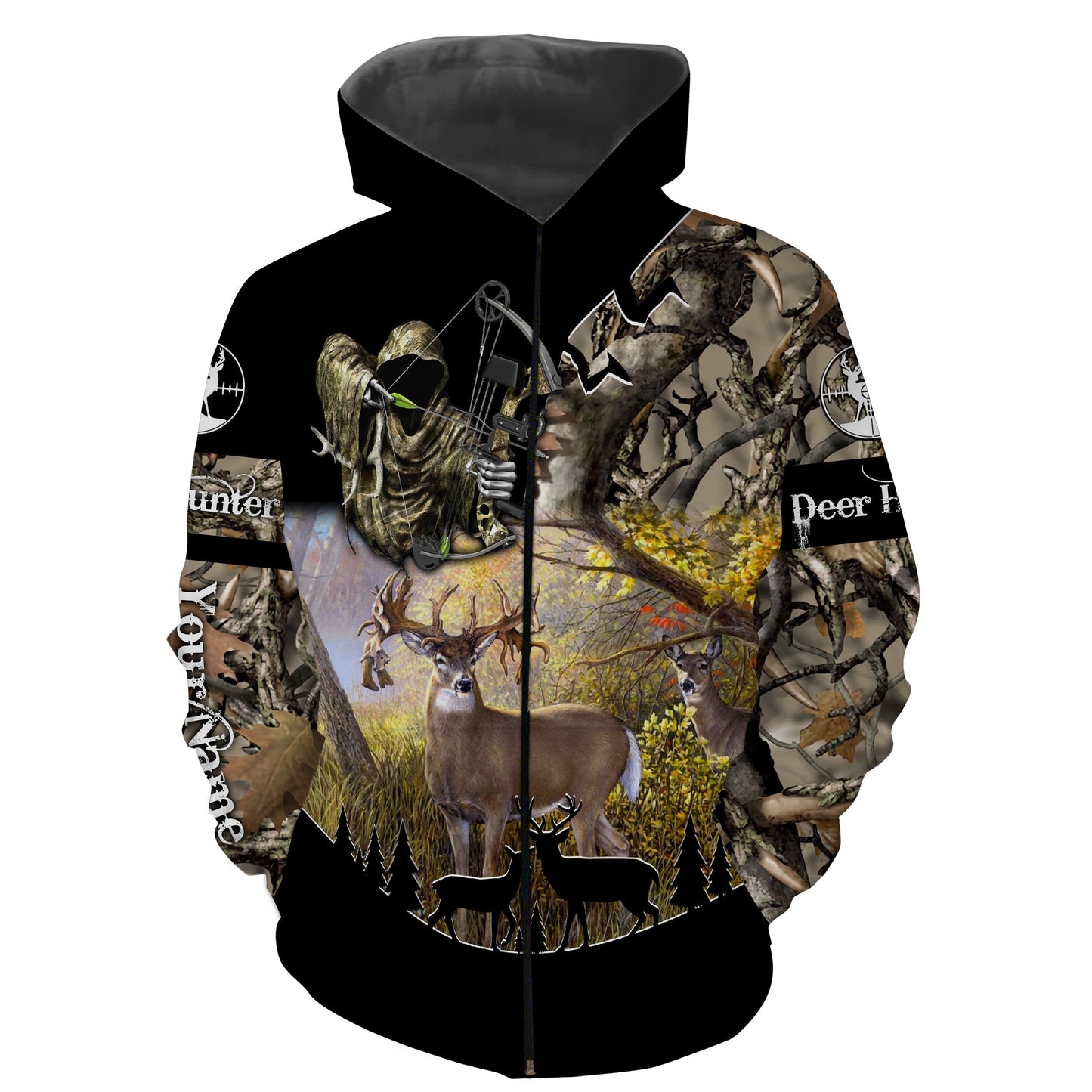 Whitetail Deer bow hunting Grim Reaper Deer skull Camo custom name 3D All over print Shirts Personalized gift for hunter FSD2095 Zip up hoodie