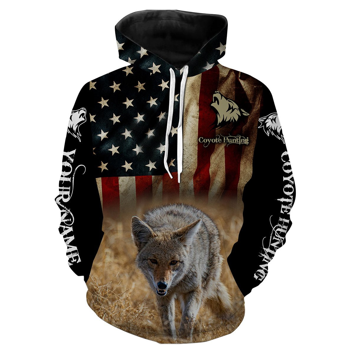 Coyote hunting American Flag Custom Name 3D All over print shirts - Personalized gift for Men Hoodie