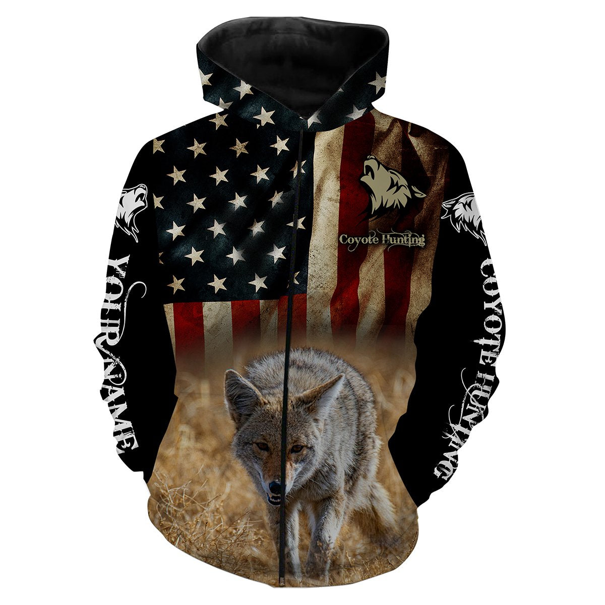 Coyote hunting American Flag Custom Name 3D All over print shirts - Personalized gift for Men Zip up hoodie