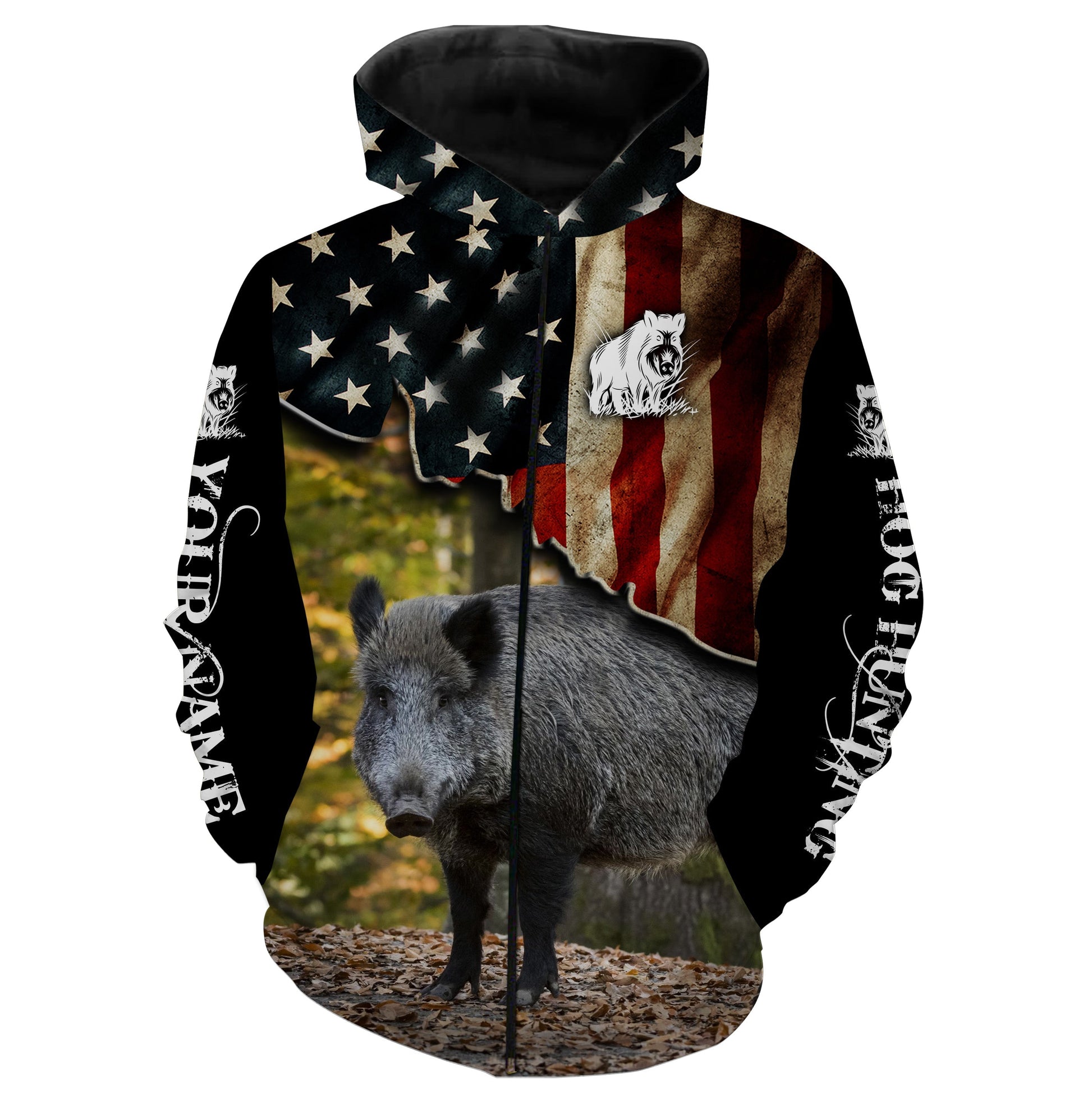 Wild Hog Hunting American Flag Custom Name 3D All Over Print Shirts  Zip Up Hoodie Zip Up Hoodie