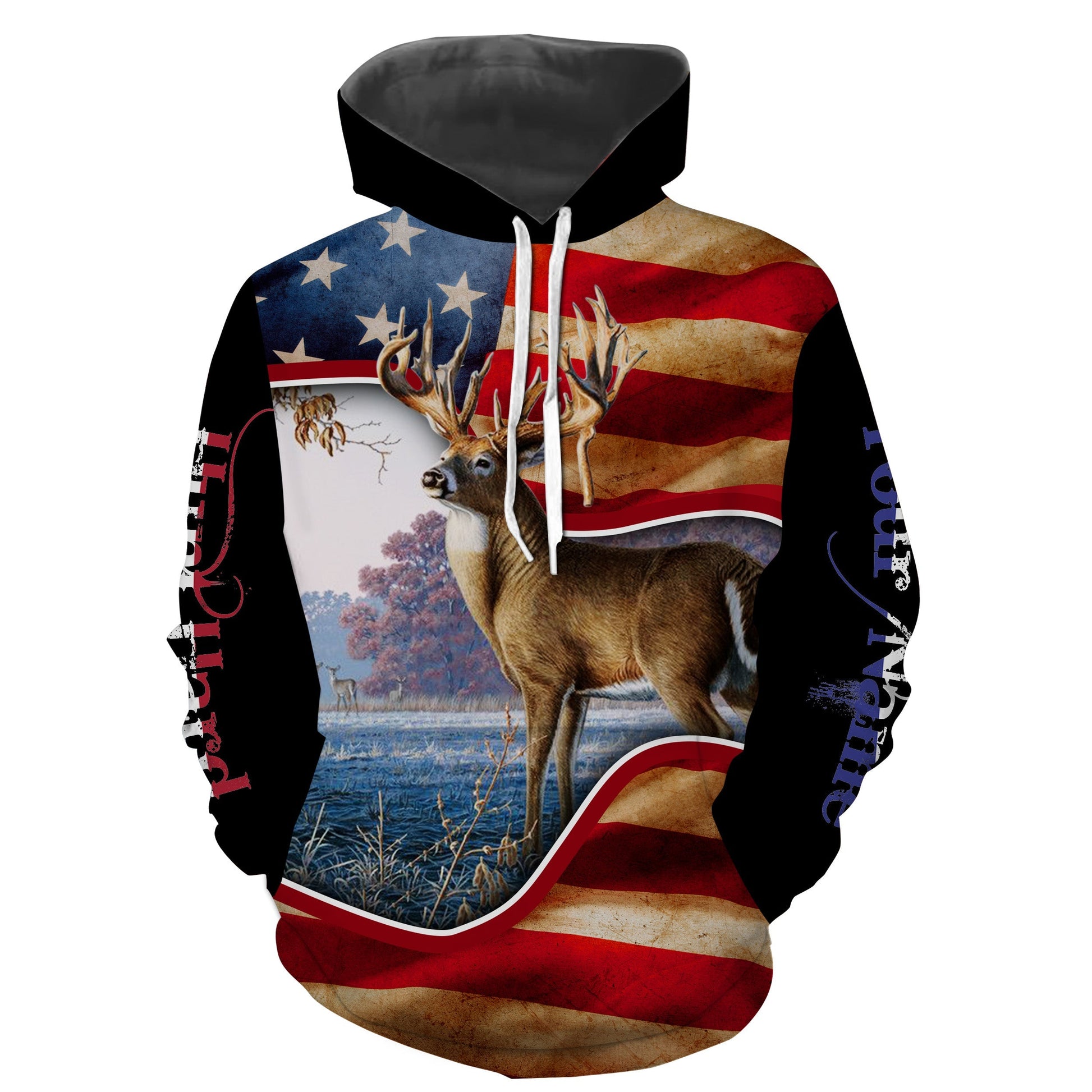 Whitetail Deer Hunting American Flag Hunt Hard Custom Name 3D Full Printing Shirts, Hooodie Personalized Hunting Gifts FSD1844 Hoodie