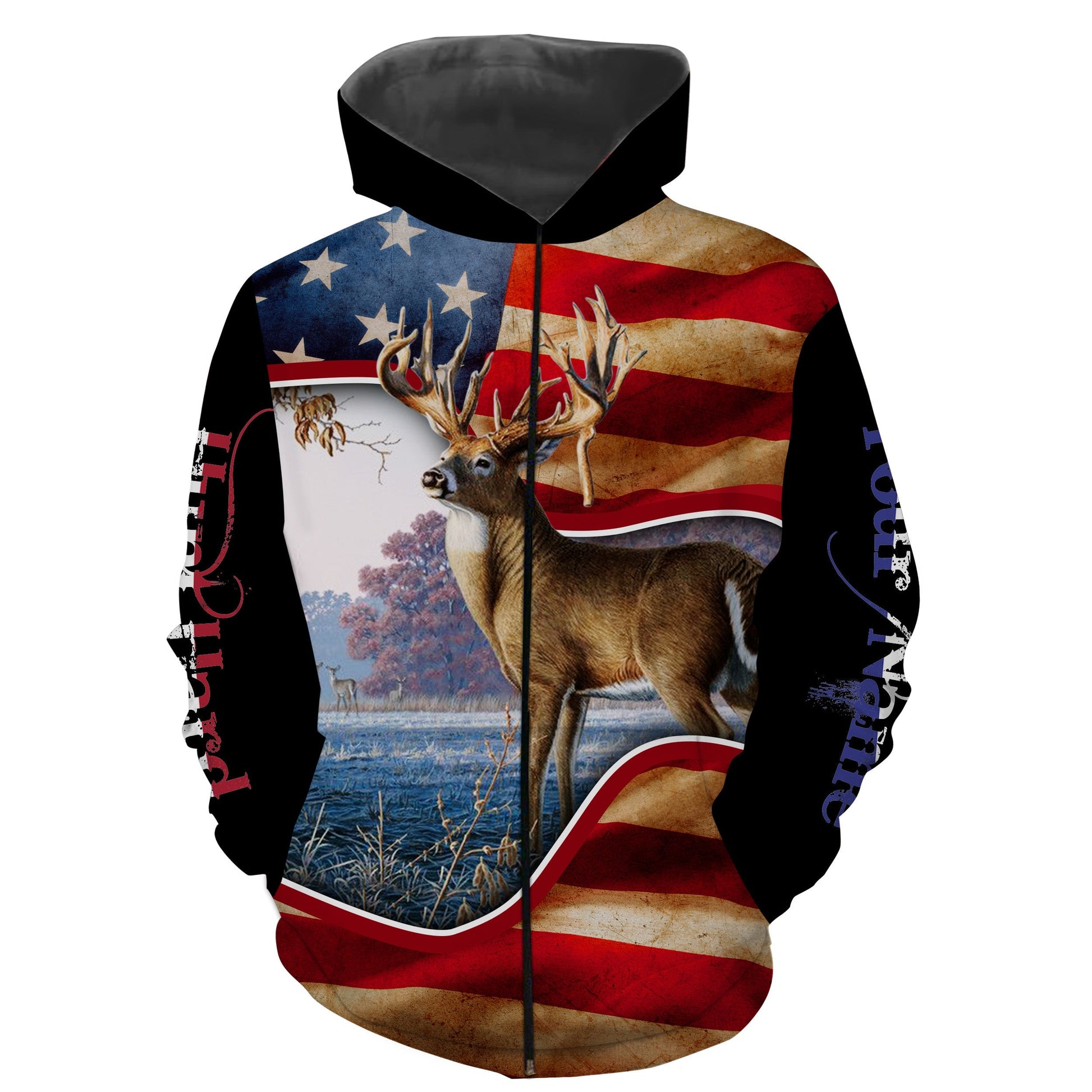 Whitetail Deer Hunting American Flag Hunt Hard Custom Name 3D Full Printing Shirts, Hooodie Personalized Hunting Gifts FSD1844 Zip up hoodie