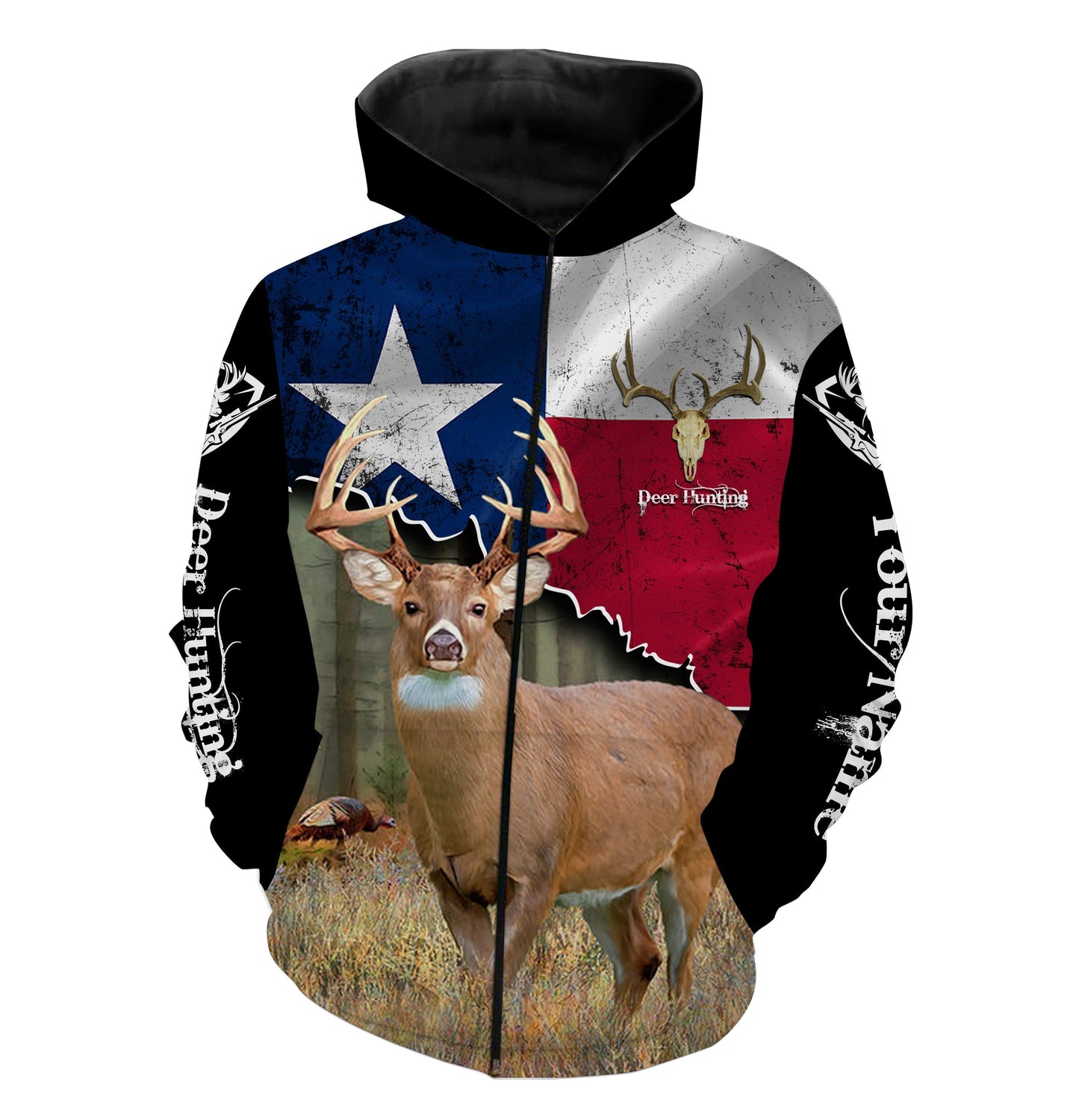 White-tailed Deer Hunting TX Texas Flag Custom Name All over print Shirt Personalized Hunting gift for Men Women and Kid FSD1990 Zip up hoodie