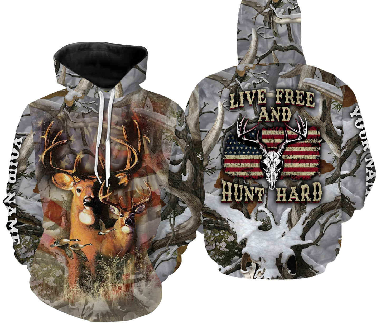 Deer Hunting US American Flag Snow Camo Live Free and Hunt Hard 3D All over Print Shirts, Hoodie -Gift Ideas For Hunters FSD1983