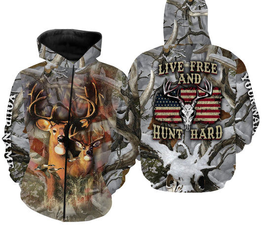 Deer Hunting US American Flag Snow Camo Live Free and Hunt Hard 3D All over Print Shirts, Hoodie -Gift Ideas For Hunters FSD1983