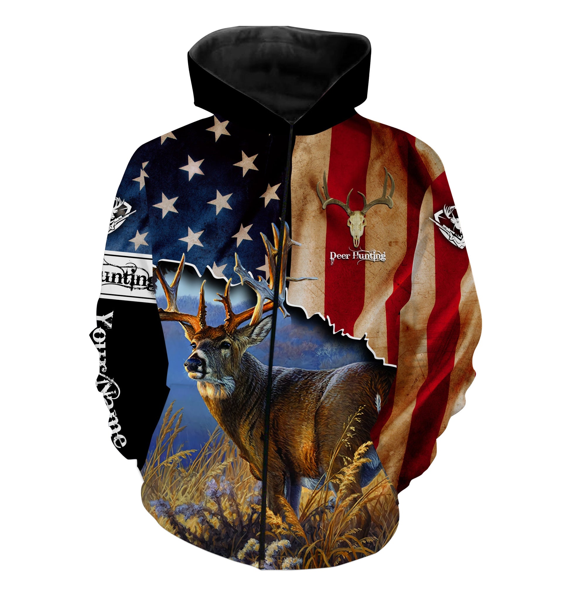 Deer Hunting Us Flag Patriotic 4Th Of July Customized Name All Over Printed Shirts Personalized Gifts For Deer Hunters Fsd1986 Zip Up Hoodie Zip Up Hoodie