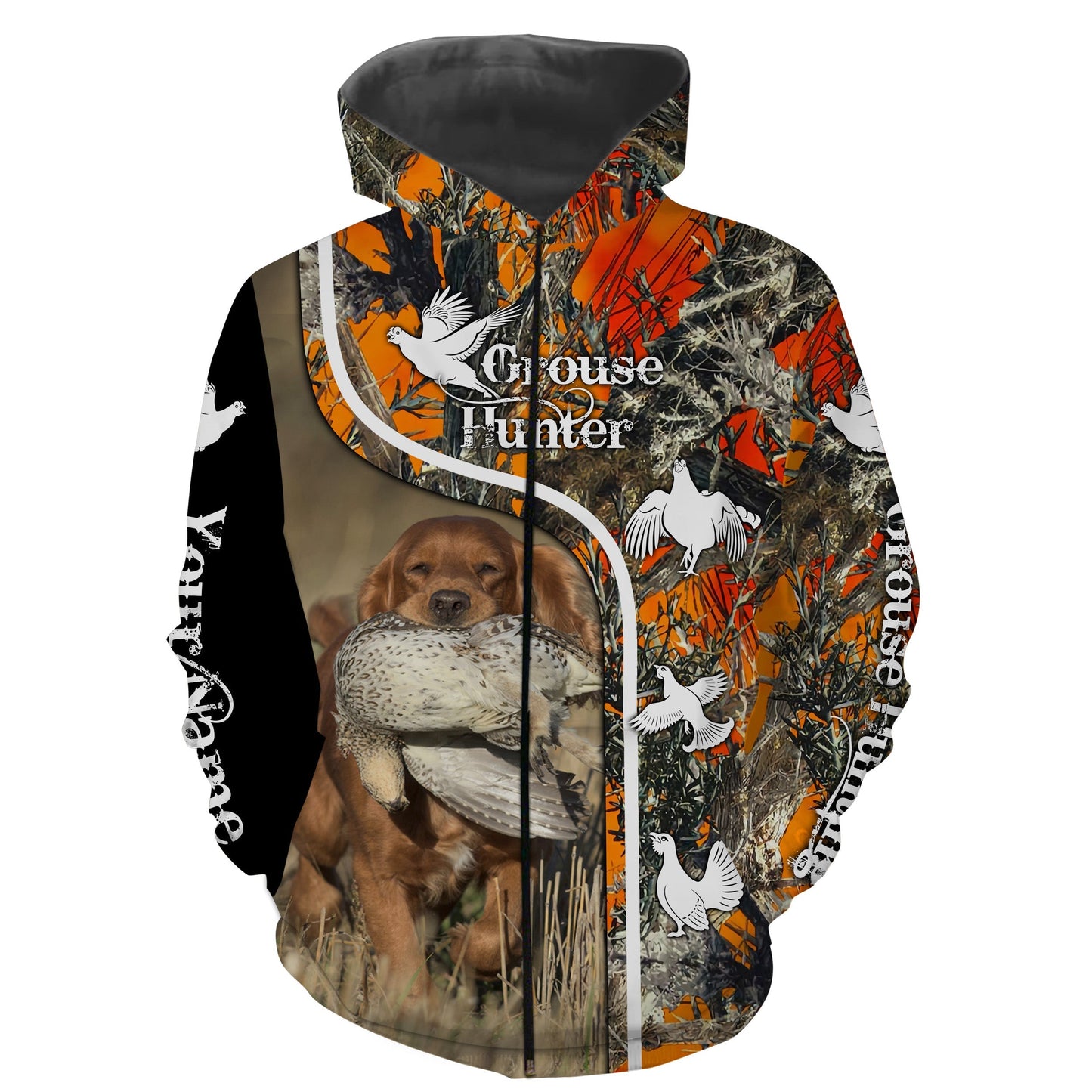 Grouse Hunting with Dog English Cocker Spaniel Orange Camo Customize Name 3D All Over Printed Shirts FSD3409