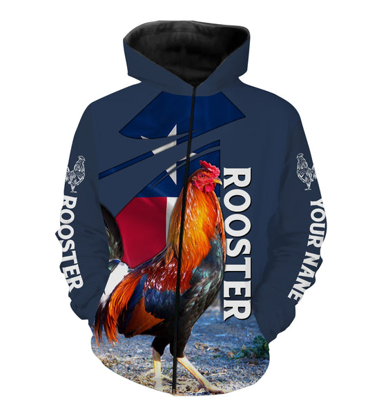 Rooster Texas Flag Custom Name 3D All Over Printed Shirts Zip Up Hoodie Zip Up Hoodie