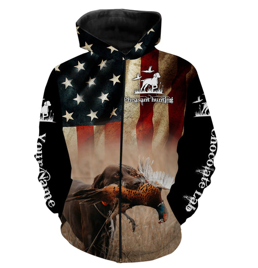 Pheasant Hunting With Chocolate Labrador American Flag All Over Printed Shirts Zip Up Hoodie Zip Up Hoodie