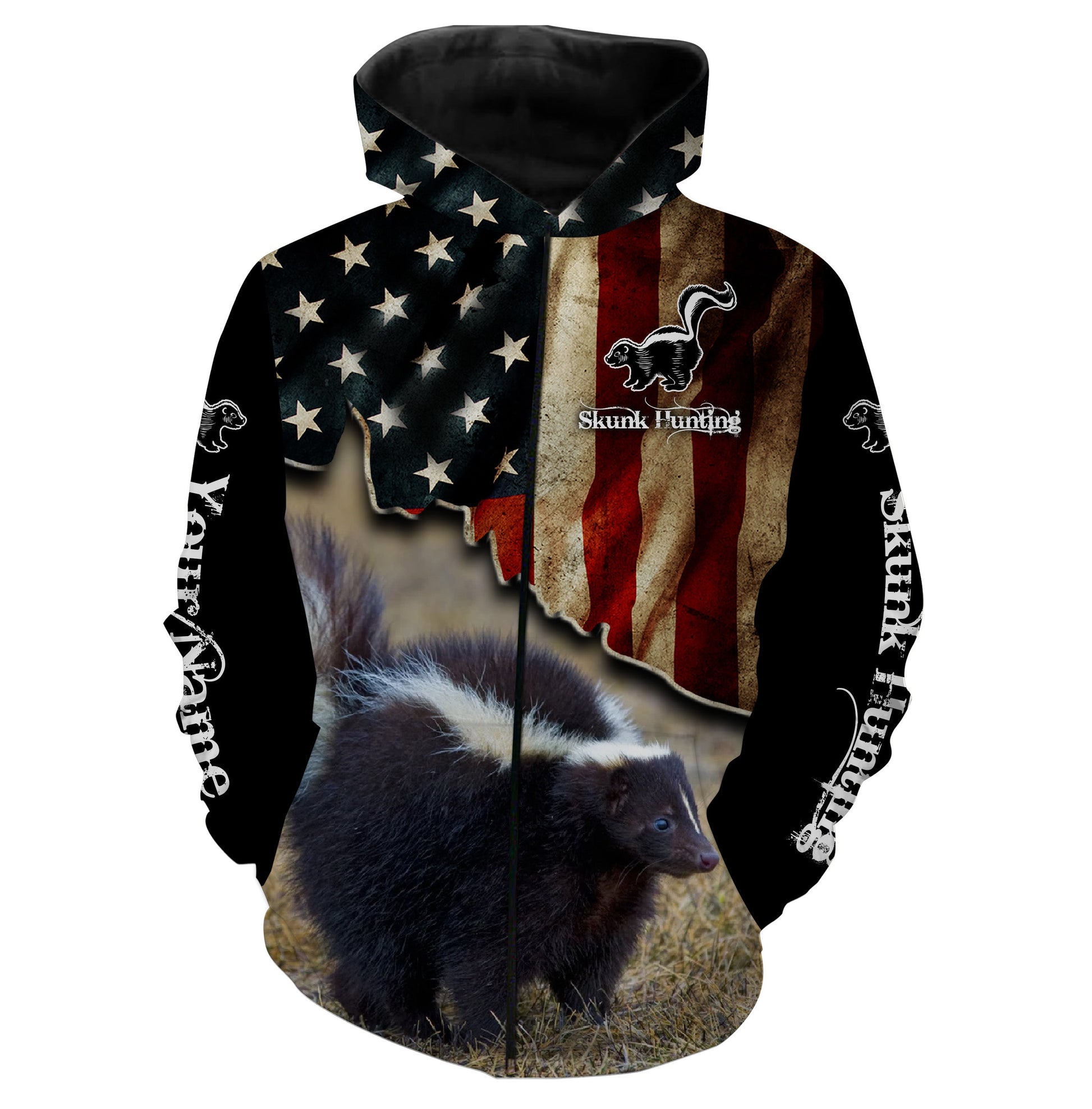 Skunk Hunting American Flag Custom Name 3D All Over Printed Shirts  Zip Up Hoodie Zip Up Hoodie