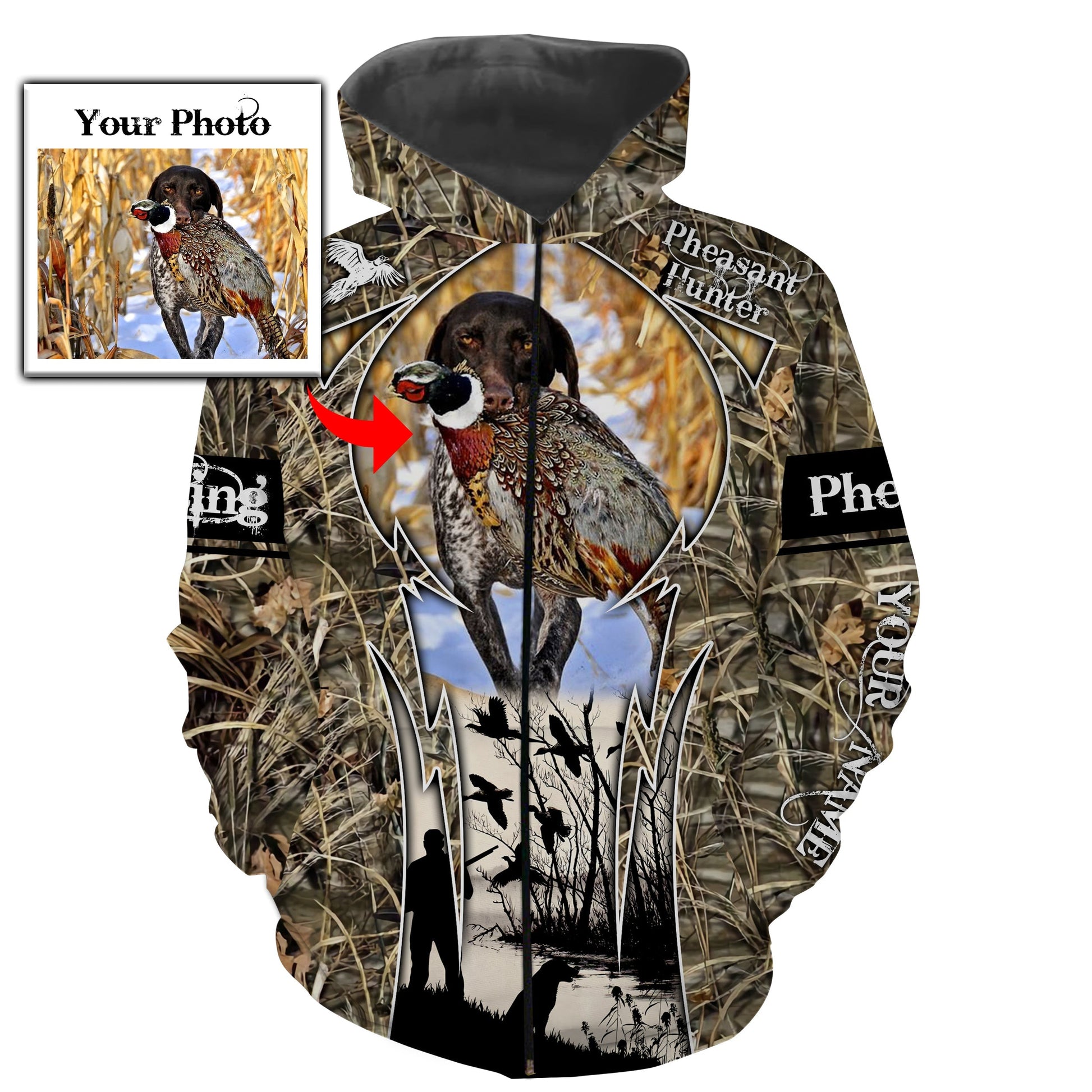 Pheasant hunting with dog Custom Name and Photo 3D All over printed shirt, Hoodie Personalized pheasant hunter gifts FSD1725