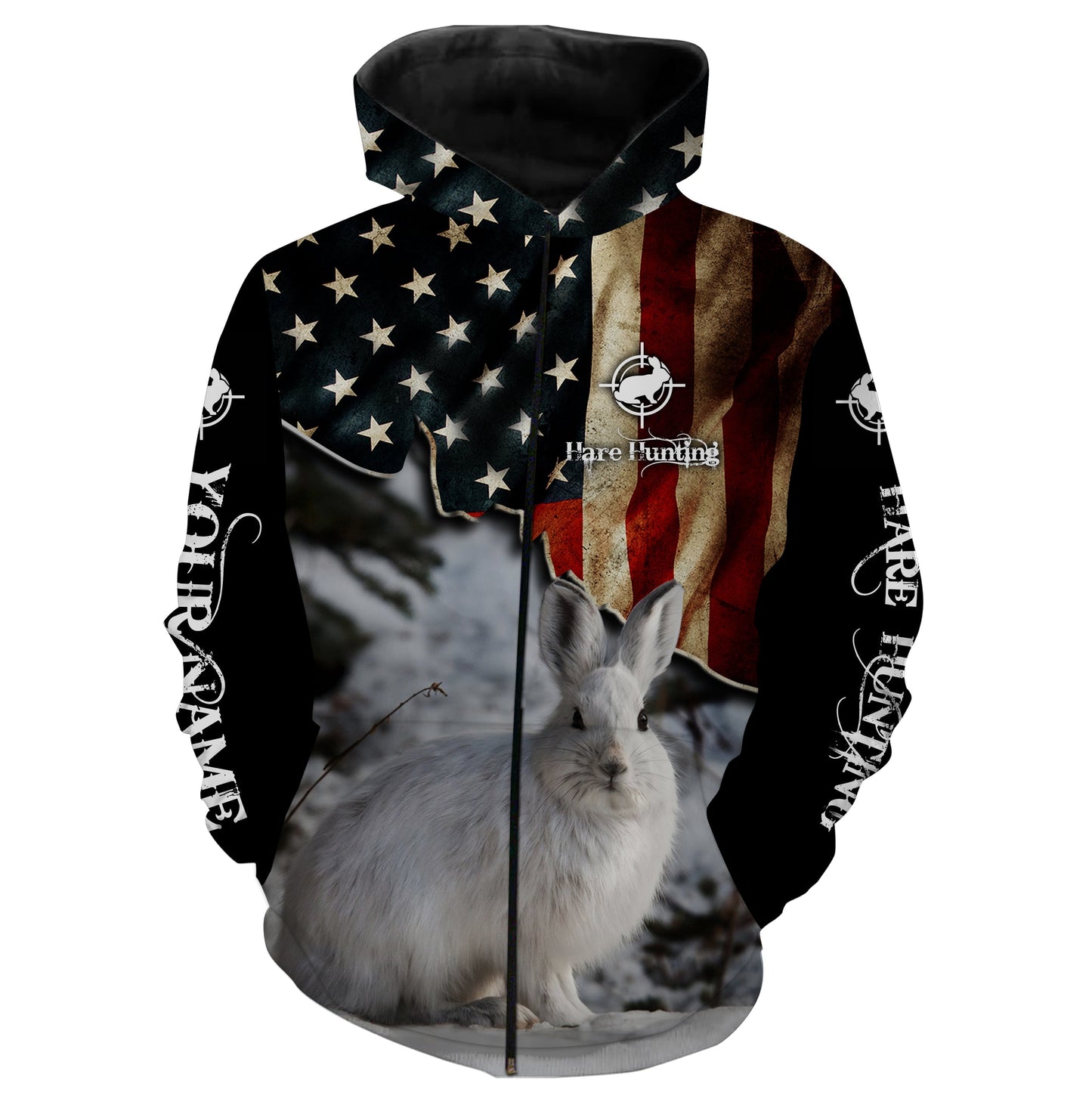 Snowshoe Hare hunting US flag custom Name 3D full printing Hoodie