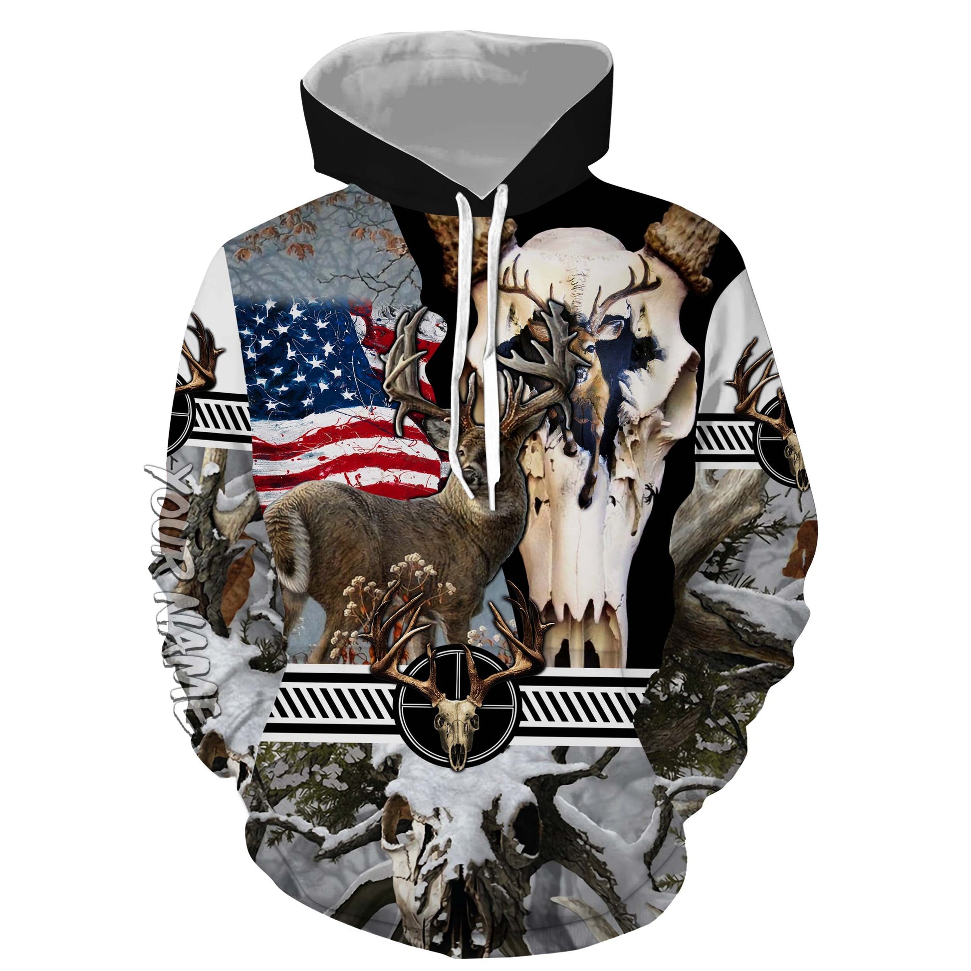 Deer Skull Hunting American Flag Camo Custom name All over print shirts - FSD24 Hoodie