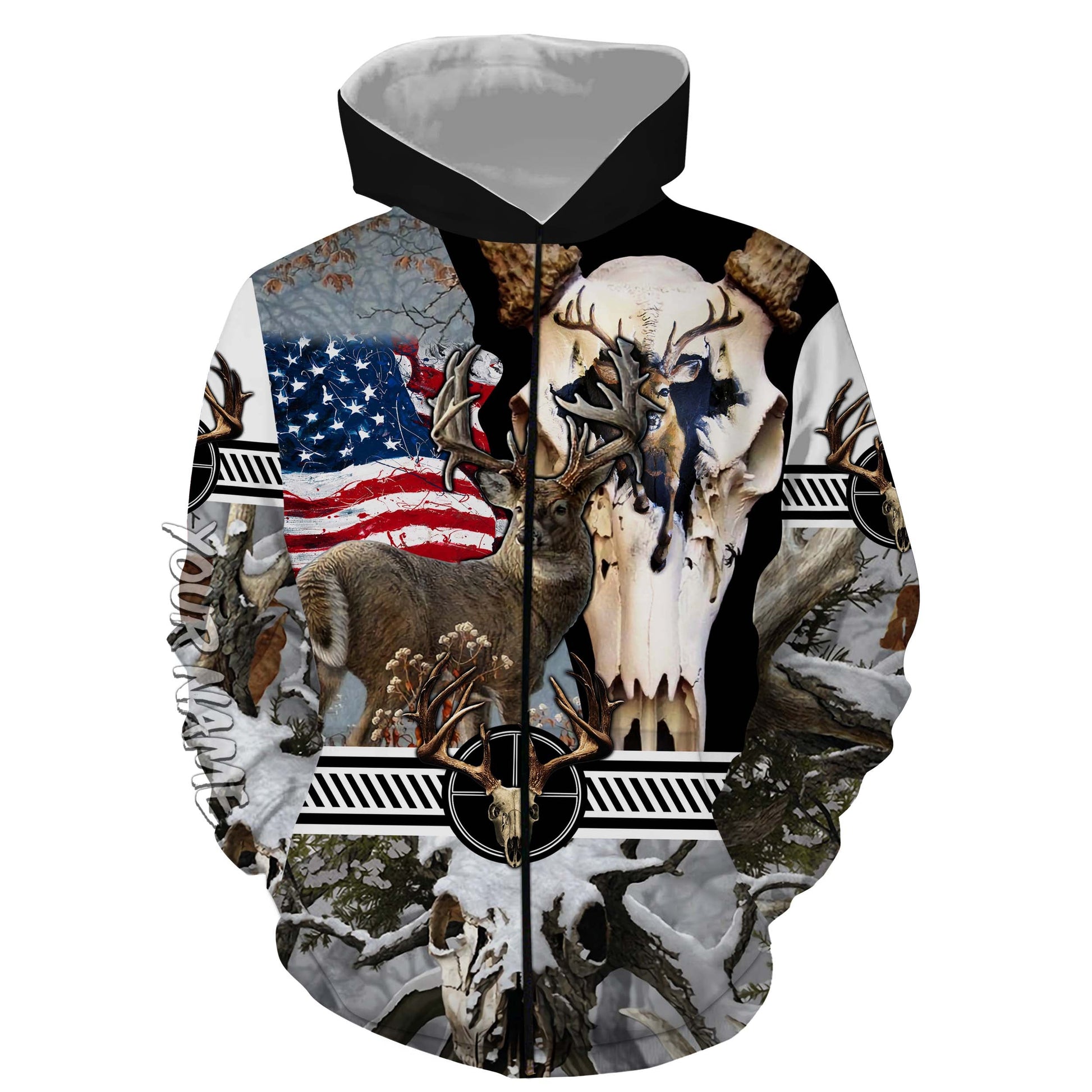 Deer Skull Hunting American Flag Camo Custom name All over print shirts - FSD24 Zip up hoodie