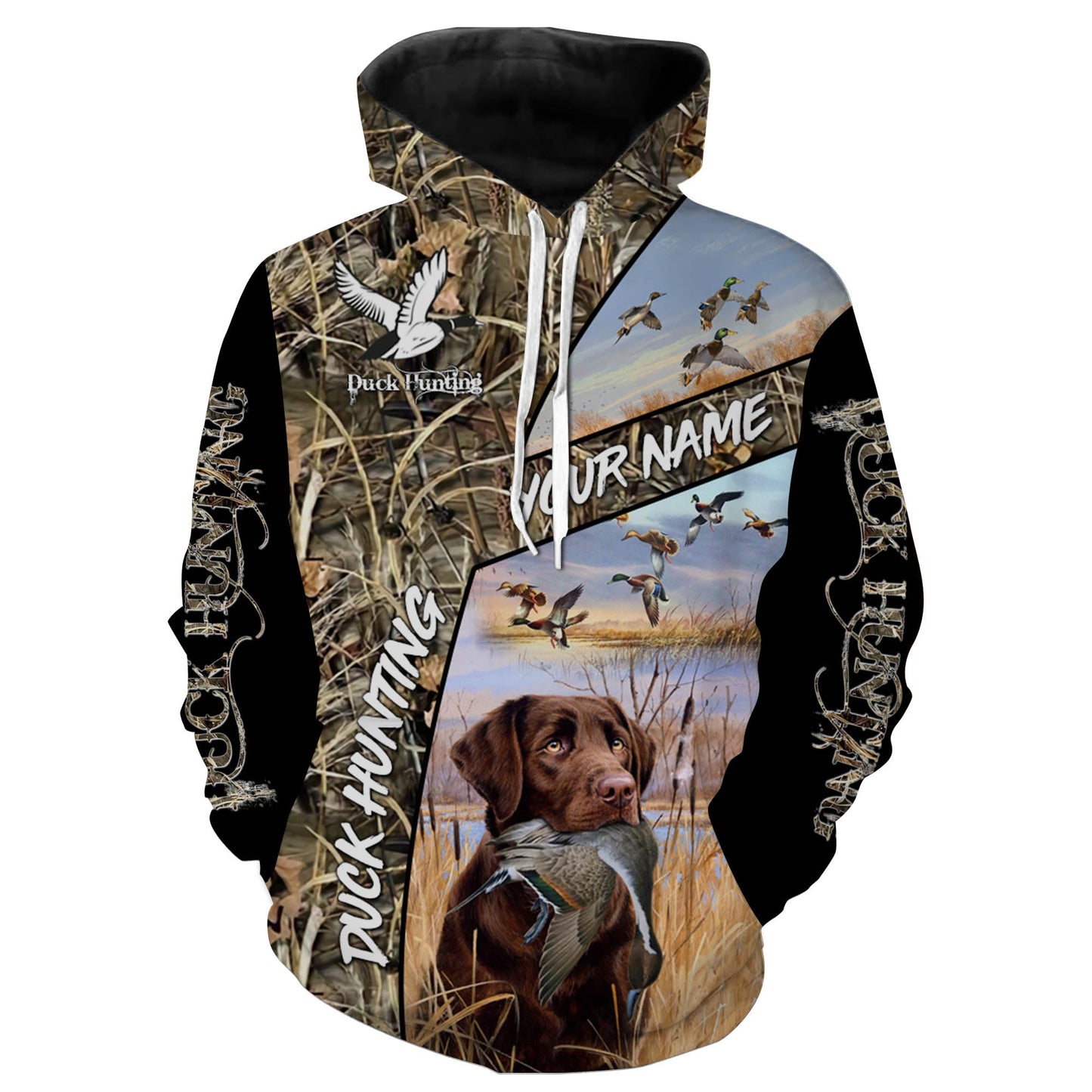 Duck hunting with dog Chocolate Labrador Retriever Waterfowl camo Shirts, hoodie FSD1552