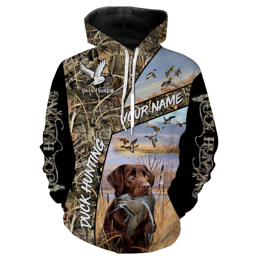 Duck hunting with dog Chocolate Labrador Retriever Waterfowl camo Shirts, hoodie FSD1552