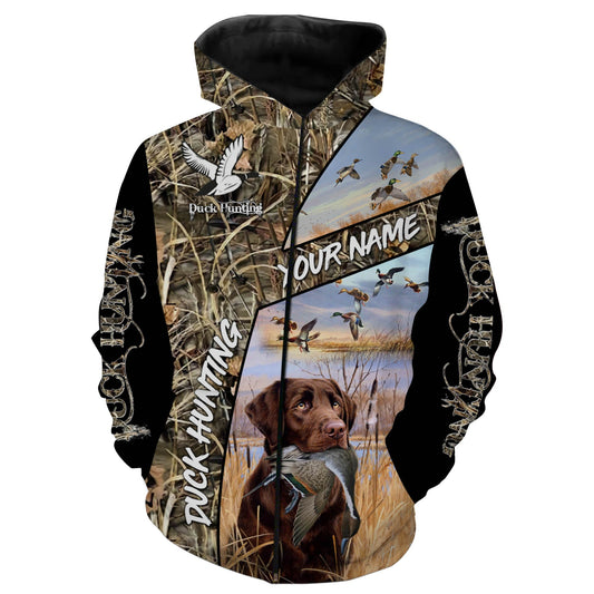 Duck hunting with dog Chocolate Labrador Retriever Waterfowl camo Shirts, hoodie FSD1552